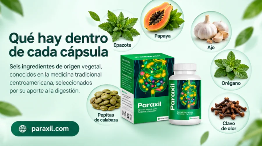 Paraxil — cápsula con los seis ingredientes de la fórmula
