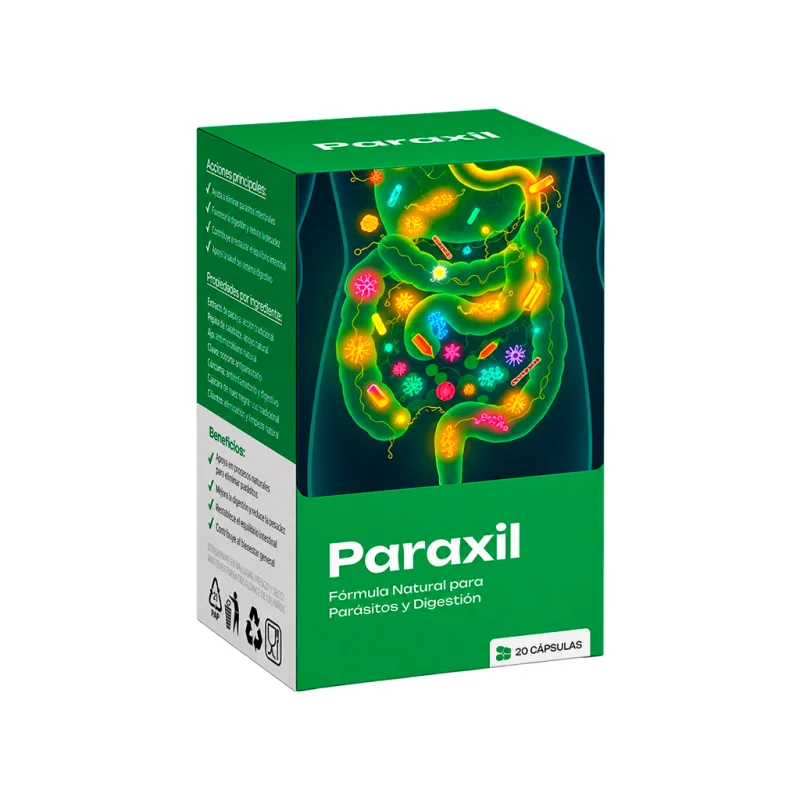 Paraxil — caja del producto con acciones principales y beneficios